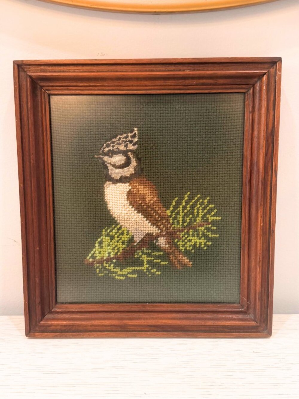 Vintage Framed Bird Cross Stitch Finished Needlepoint Wall Art 10” Sq Wood Frame